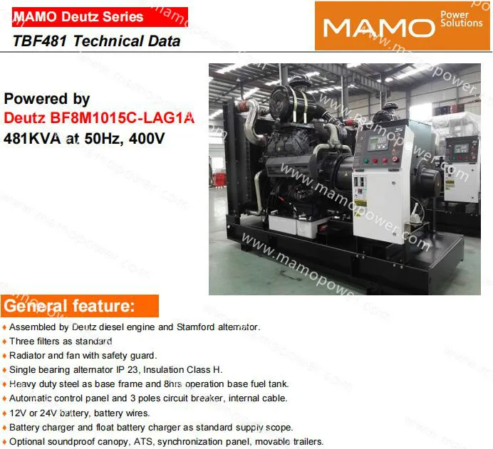 Open/Silent Deutz Engine Bf8m1015c-Lag1a 438kVA/350kw Prime 481kVA/385kw Standy Power Electric Diesel Generator